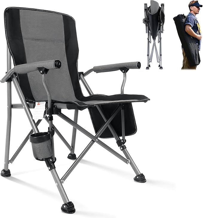 Folding Camping Chair Heavy Duty Portable Outdoor Chairs Supports 330lbs Collapsible Foldable Chair for Outside with Cup Holder&Carry Bag, Folding Lawn Chair for Camp Beach Fishing Sports(Gray)