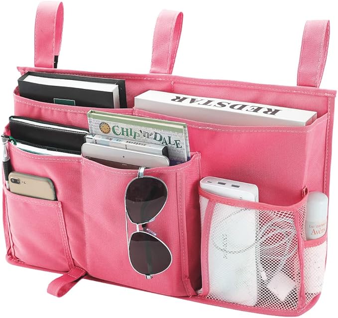 Bseash Bunk Bed Organizer, Bedside Caddy Hanging Bed Organizer Storage Bag 8 Pockets, for College Dorm Rooms Bed, Hospital Bed, Baby Bed Rails, 600D Oxford Cloth (Pink)