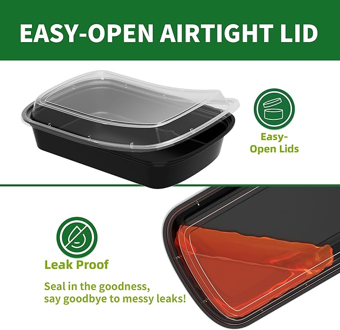 Meal Prep Containers, 50 Pack 16oz (100-Piece) Disposable Take Out Food Storage Containers with Leakproof Lids, Reusable Plastic To Go Lunch Boxes, BPA Free, Microwave/Dishwasher/Freezer Safe