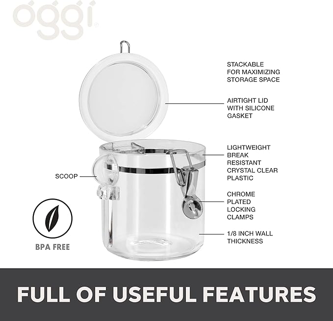 OGGI Clear Canister Airtight 38oz - Clamp Lid & Spoon - Airtight Food Storage Containers, Ideal for Kitchen & Pantry Storage of Bulk, Dry Food Including Flour, Sugar, Coffee, Rice, Tea, Spices & Herbs