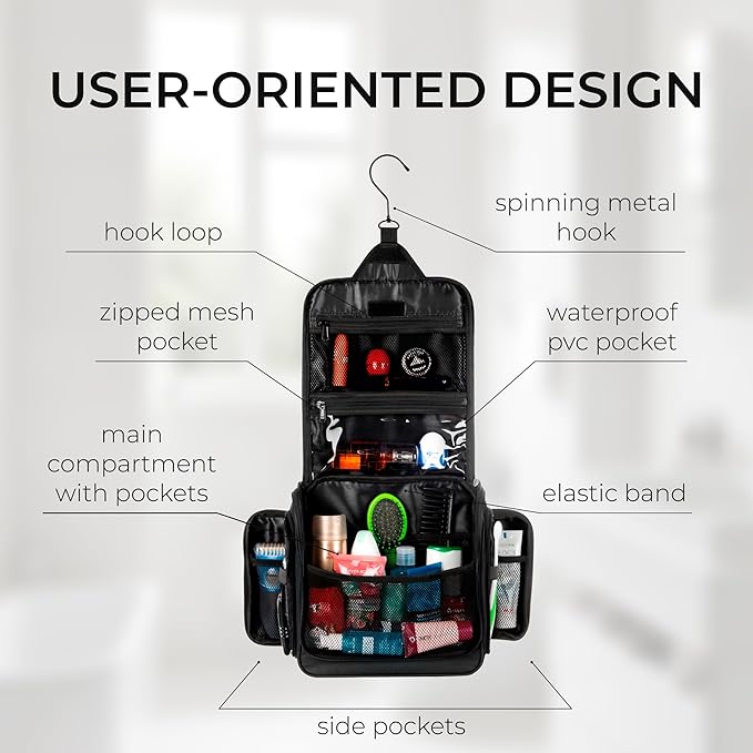Travel Toiletry Bag for Men and Women - (10.6”x10.6”x3.2”) Large Hanging Toiletry Organizer - Waterproof Hygiene Bag with Metal XXL Swivel Hook, with Sturdy Zippers and 15 Compartments for Toiletries