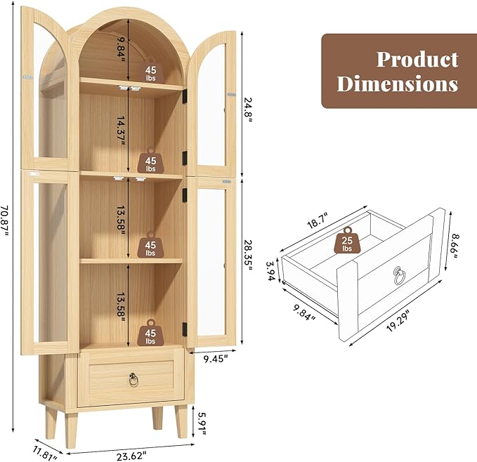71" Tall Arched Cabinet with Acrylic Door, Modern Curio Arched Bookcase W/Drawer