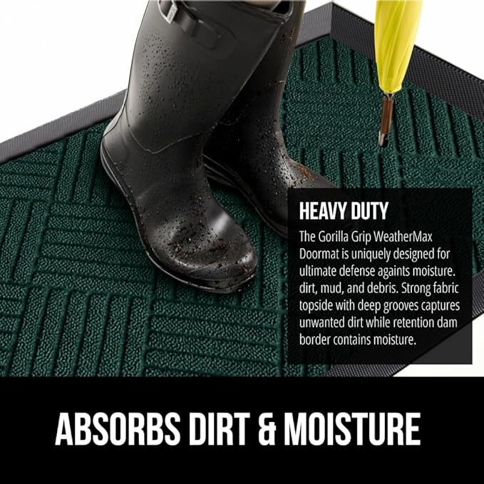 GORILLA GRIP 100% Waterproof All-Season WeatherMax Doormat US Designed Natural Rubber, Stain and Fade Resistant, Low Profile Indoor Outdoor Door Mats, Easy Clean Patio Mat, 17x29, Green Diamond