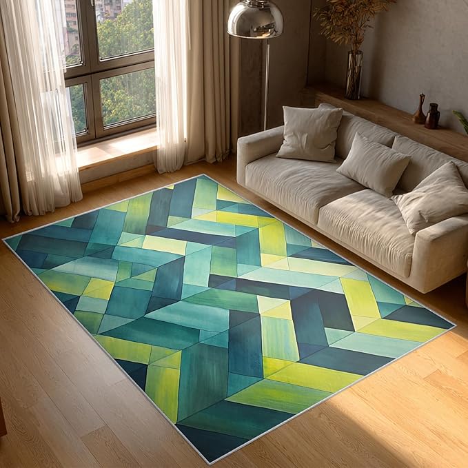 4x5 Geometric Zigzag Rugs for Bedroom Decor, Washable Green Chevron Pattern Area Rug, Living Room Home Decoration, Non Slip Soft Thin, Modern Abstract Geometry Decor Carpet PF-P 49