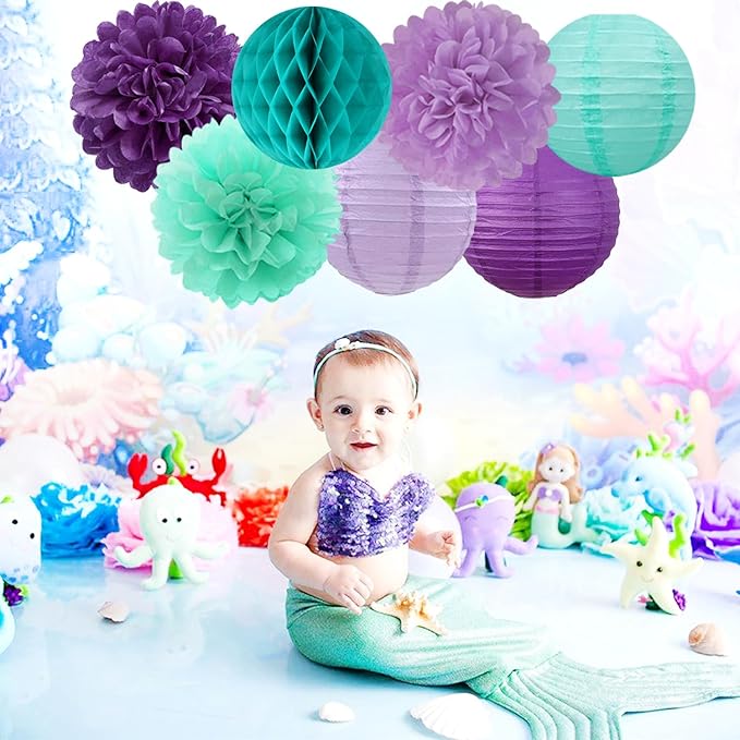 Teal-Purple Party-Decorations Paper Flowers Lanterns - 15PCS Lavender Girl Mermaid-Birthday Tissue Pom Poms Streamers,Baby Bridal Shower Wedding Classroom Hanging Supplies Decor Hugfond