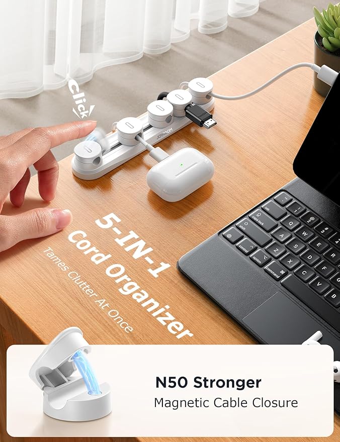 5-in-1 Magnetic Cord Organizer JOYROOM Cable Clips[Adjustable Sliding Track] Under Desk Adhesive Cord Management Wire Keeper for Computer Phone, Office Workspaces Table Organization Home Accessories