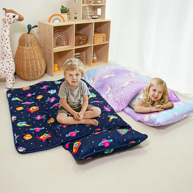 Toddler Nap Mat with Pillow and Minky Blanket, Large 55"x35" Sleeping Bag, Washable, Lightweight, Easy to Roll, Perfect for Preschool, Daycare, Kindergarten, Travel, Boys and Girls(Space)
