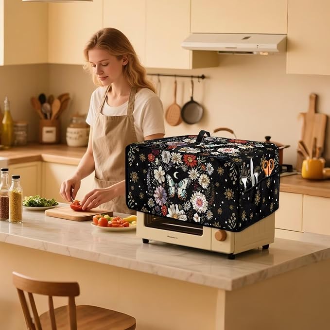 Convection Oven Cover with Pockets, Dust-Proof Protective Smart Oven Cover Small Appliances Protector Kitchen Decor, L, 18.5 x 22.5 x 13 Inches, Butterfly Daisy Moon Black