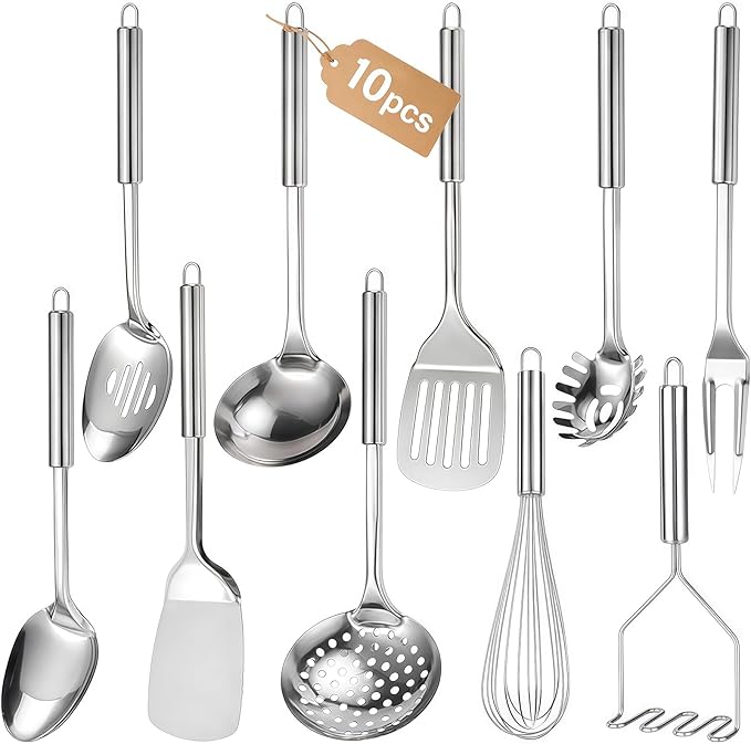 Kitchen Utensils Set, 10 PCS Stainless Steel Utensils Set for Cooking, Heat Resistant Spatula Cooking Utensils Set with Turners, Serving Spoon, Ladle, Skimmer, Pasta Fork