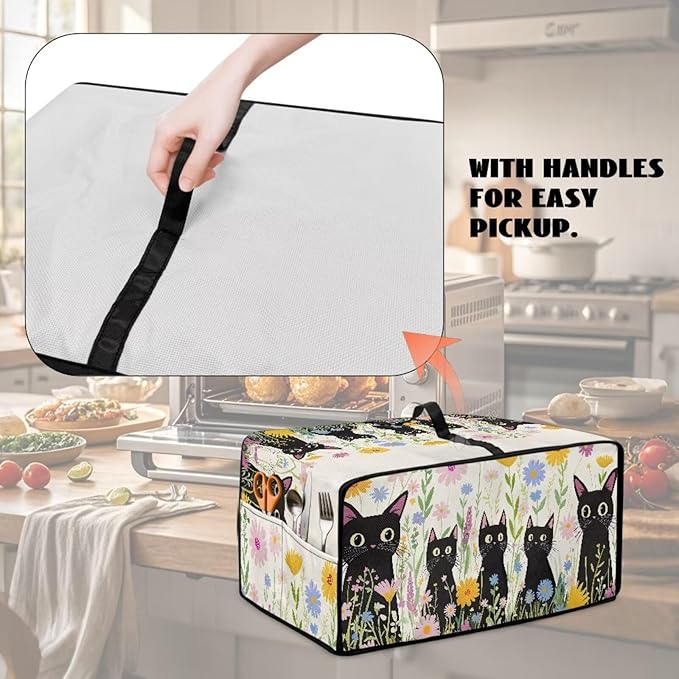 Countertop Microwave Oven Cover with Side Pockets, Dust Protection Small Appliance Toaster Ovens Dust Cover, M, 16.5 x 20.5 x 10 Inches, Cartoon Black Cat Daisy Flower