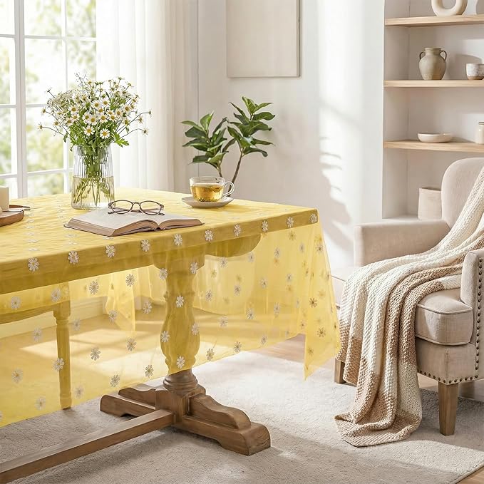 Horaldaily Yellow Embroidery Daisy Spring Summer Gauze Tablecloth 52×70 Inch Rectangular, Seasonal Tulle Table Cover, Garden Party Decorations for Wedding, Party, Holiday Dining
