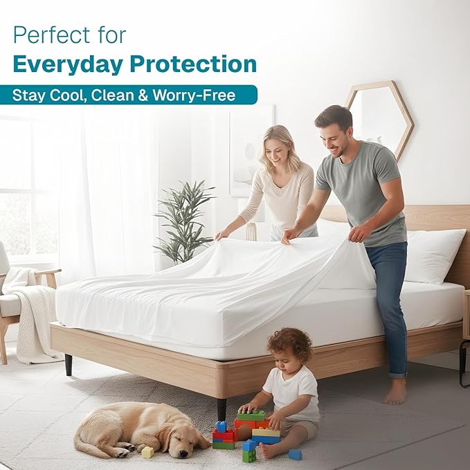 FABDREAMS Organic Waterproof Mattress Protector Queen Size|Queen Mattress Cover| Size Mattress Encasement| Fits up to 17" Deep Pocket|Temperature Regulating | Breathable| White