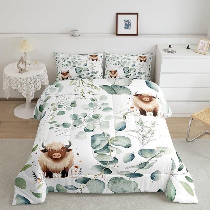 Erosebridal Boys Cartoon Animal Queen Bedding Sets for Kids Toddler Kawaii Cow Comforter Set, Highland Cattle Bull Down Comforter Western Cowboy Bedding Comforter Sets, Green Eucalyptus Duvet Insert