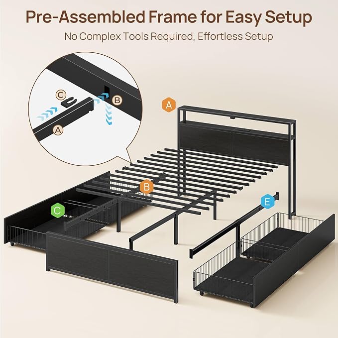 Rolanstar Queen Bed Frame with 4 Storage Drawers & 2-Tier Storage Headboard