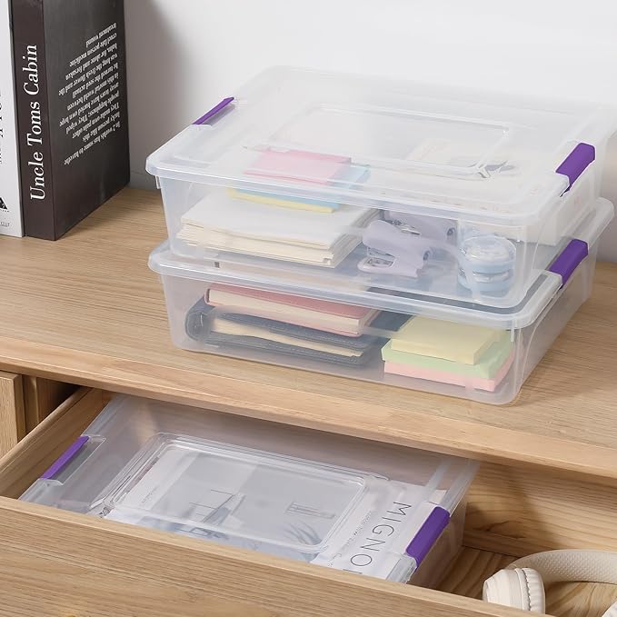 novelinks Clear Plastic Storage Bins with lids, Stackable Storage Containers, Durable Craft Storage Boxes, Organization Containers for Home Office (10 Quart 4 Pack Purple)