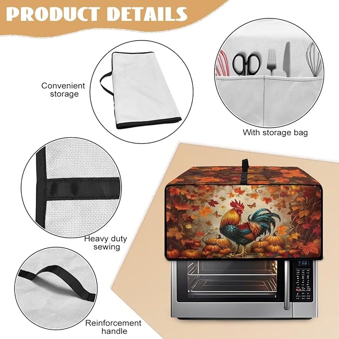 Air Fryer Toaster Oven Cover with Pockets, Stain-resistant Microwave Oven Protector for Kitchen Countertop, L, 18.5 x 22.5 x 13 Inches, Chicken Rooster Pumpkin Fall Leaves