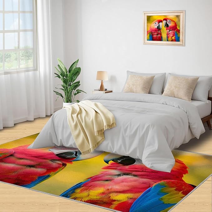 Parrot Rugs for Bedroom - 5x8 Area Rug - Cute Parrot Rugs for Living Room, Colorful 3D Animal Rug, Non-Slip Washable Home Decor Carpet