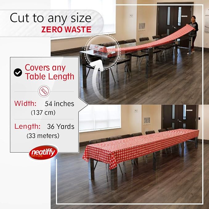 Neatiffy Disposable Plastic Table Cloth Roll | 54 in x 108 Ft Waterproof Tablecloth | Table Cover for Rectangle, Square, Round Oval Tables | Picnic, Party, Banquet, Birthdays, Weddings, Red Checkered