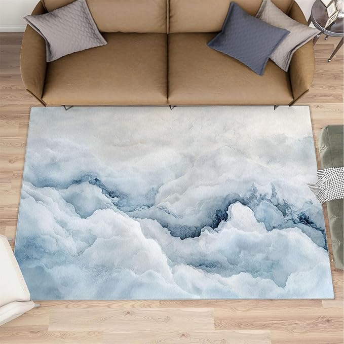 Modern Simple Art Rugs for Bedroom - 4x6 Area Rug - 3D Cloud Marble Rugs for Living Room, Abstract Mist Marble Rug, Washable Home Decor Carpet