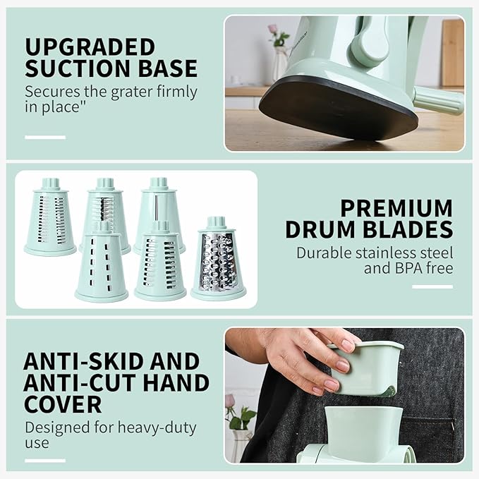 NexoBlaze Rotary Cheese Grater with Hand Crank – 6-in-1 Cheese Shredder, 6 Stainless Steel Blades, Reinforced Suction Base, Grater for Cheese, Vegetables, Nuts