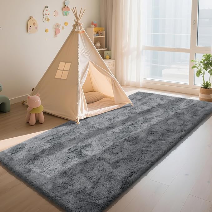 Soft Runner Rugs for Bedroom, Dark Grey 3x7 Area Rugs Fluffy Rug Shaggy Area Rug Carpet, Bedside Rug for Living Room Bedroom Kids Room Home Decor