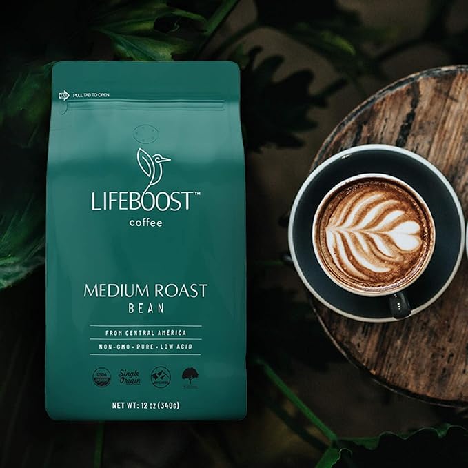 Lifeboost Medium Roast Low Acid Coffee Beans, Certified Organic, 12oz