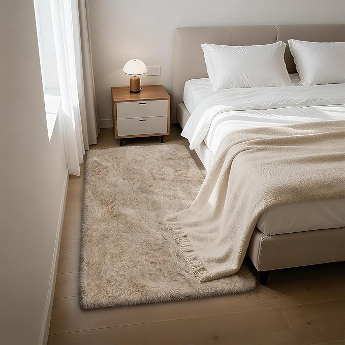Fluffy Rug Shaggy Area Rug, Beige 3x5 Area Rugs for Bedroom, Small Bedside Rug, Soft Fluffy Shaggy Entryway Throw Rugs for Living Room Bedroom Kids Room Home Decor