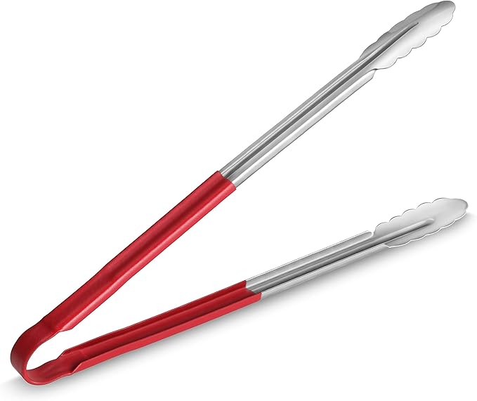 New Star Foodservice 16 Inch Utility Spring Tongs, Set of 12, Commercial Restaurant Grade Stainless Steel Tongs with Red Vinyl Coated Handles