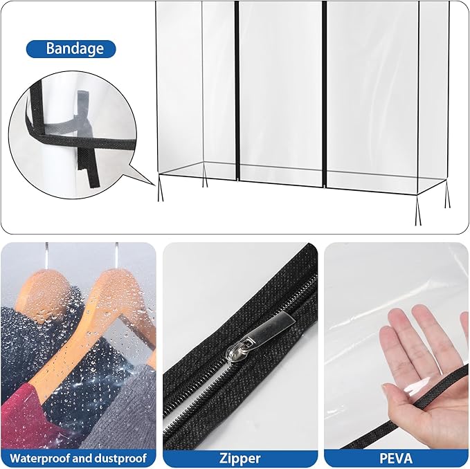 Zilink 60'' Clear Garment Rack Cover Dustproof Clothes Rack Cover Clear Garment Bags Fur Coat Storage Bag Waterproof Wardrobe Cover with 2 Durable Zippers for Garment Rack