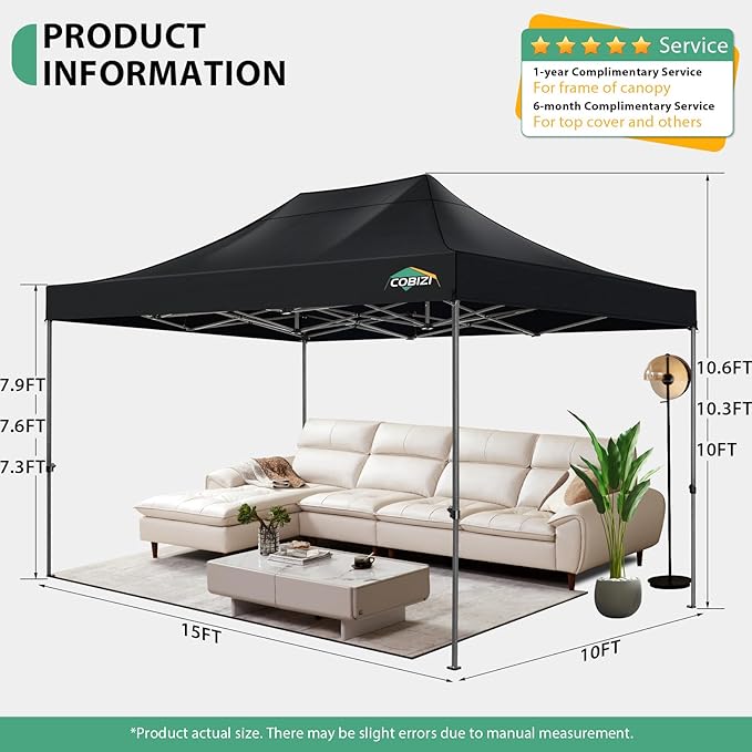 COBIZI 10x15 Heavy Duty Pop Up Canopy Tent with 4 Sidewalls Thicken Frame, Commercial Easy Up Outdoor Wedding Party Tents, All Season Waterproof Windproof with Stakes Sandbags Ropes Bag, Black