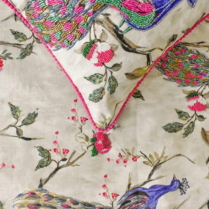 The HomeCentric King/Queen/Twin Pink & Purple Luxury Twin 53"x18" Bed Runner with One Pillow Cover, Peacock, Beaded, Pom Pom Lace Bed Scarf on Cotton Fabric - Pavo Paradiso