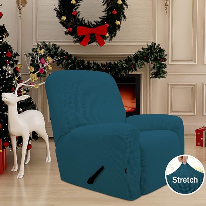Easy-Going Recliner Stretch Sofa Slipcover Sofa Cover 4-Pieces Furniture Protector Couch Soft with Elastic Bottom Spandex Jacquard Fabric Small Checks(Recliner,Peacock Blue,Large)