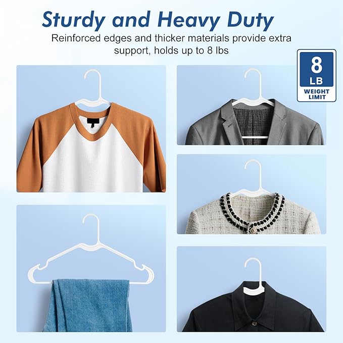 HOUSE DAY White Plastic Hangers 50 Pack, 16.25" Slim Hangers with Non-Slip Extended Notch, Perfect for Plus Size & Curvy Fits, Closet Organization Essential, Space Saving for Dorm Apartment Home