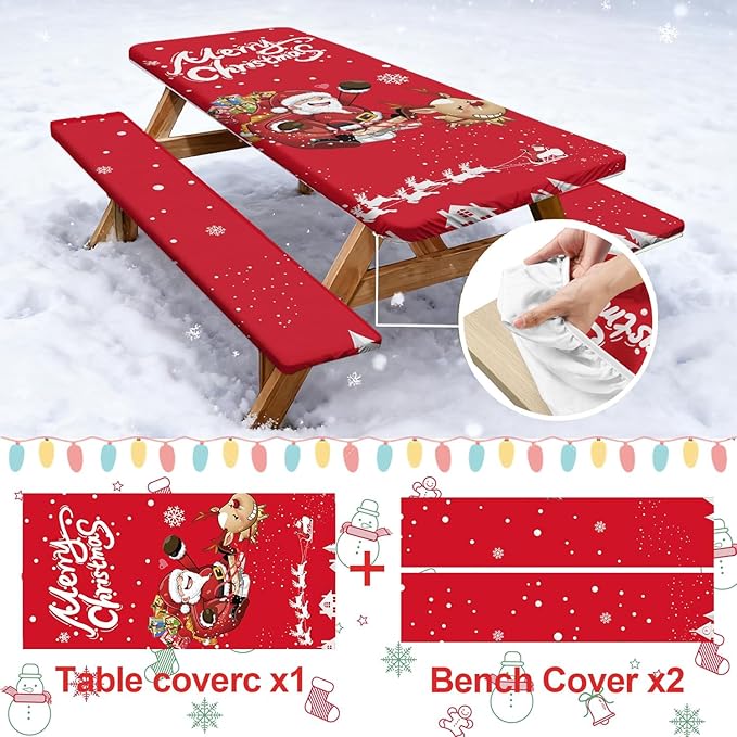 Picnic Table Cover with Bench Covers Set of 3, Elastic Fitted Tablecloth for 6 Foot Tables, Washable Polyester Tablecloths for Camping, Indoor & Outdoor
