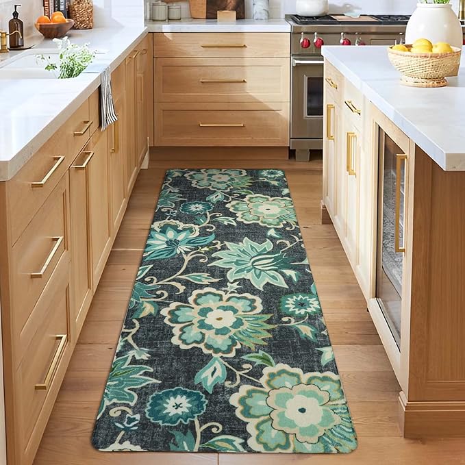 Lahome Floral Runners for Hallways - 2x6 Kitchen Runner Rugs Non Skid Washable Non-Slip Laundry Room Rug Throw Low-Plie Entryway Rug Blue Paisley Print Carpet Runner for Bedroom Bathroom Living Room
