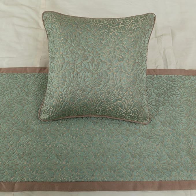 The HomeCentric King/Queen/Twin Blue & Beige Decorative Queen 74"x18" Bed Runner with Pillow Cover, Damask Bed Scarf on Jacquard Fabric - Arabella