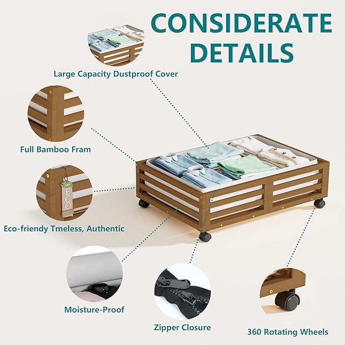 Bamboo Under Bed Storage Containers- Underbed Organizer with Wheels with Large Capacity Dust Bag,Sturdy Wood Rolling Under Bed Shoe Storage Organizer 2 Packs (Walnut, 2 Packs (23.62"×16.54"))