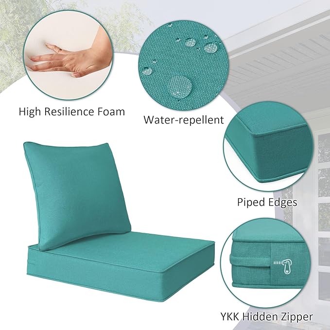 Outdoor Patio Chair Cushions Set, 24" x 24", Set of 2, Water-Repellent, Fade Resistant, Deep Seat Bottom and Back Cushion for Backyard, Couch, Sofa and Patio Furniture, Turquoise