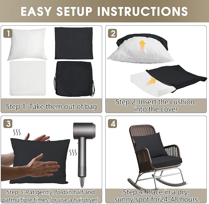 Outdoor Seat Cushion Set 22 x 22 In, Water-Resistant & Fade-Resistan, Patio Furniture Cushions with Removable Cover Deep Seat & Back Cushion with Handle and Adjustable Straps for Chair Sofa,4PC