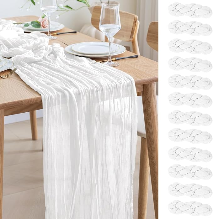 Asee'm 12pcs Cheesecloth Table Runner 120 Inches Long Ivory Boho Gauze Cheese Cloth Runner 10FT Rustic Sheer Table Runners for Christmas Wedding Party Baby Shower Spring Easter Decoration