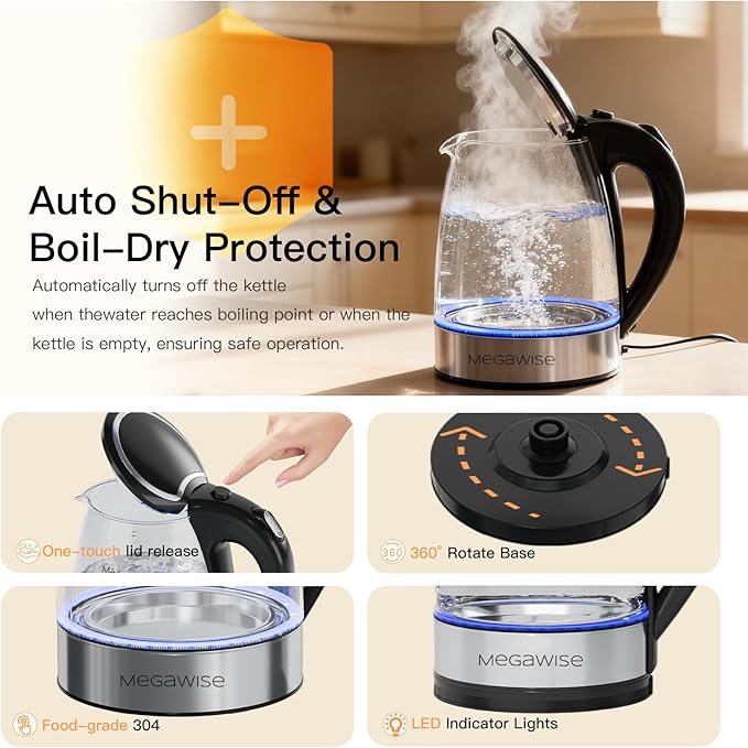 MEGAWISE 1.8L Glass Electric Kettle, Auto Shut-Off, Boil-Dry Protection