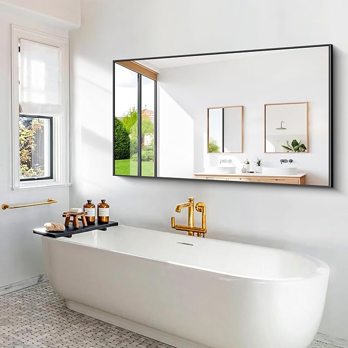 BONEWEI Bathroom Mirror,60x36 inch Large Wall Mirror for Bathroom Wall Mounted Black Rectangle Mirrors,Black Bathroom Mirror for Living Room,Farmhouse,Bedroom Entryway,Horizontal/Vertical