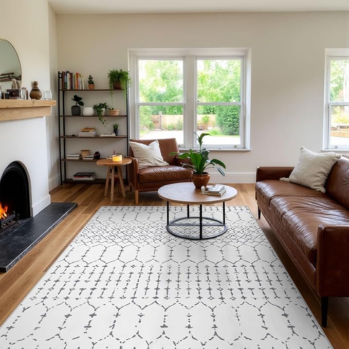 Lahome Moroccan 8x10 Rugs for Living Room - Non-Slip Washable Ultra-Thin Large Rug for Dining, Modern Geometric Print Indoor Soft Carpet for Bedroom Office, White