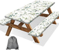 Picnic Table Cover with Bench Covers and Bag, Camping Essentials, Eucalyptus Leaves Outdoor Table Covers, Waterproof Windproof, Fitted Tablecloth Cover with Elastic Edge, 3 PCS, 30x96 Inch