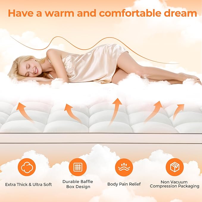 Ultra Soft Coral Fleece Full Size Mattress Topper, No Compression Plush Thick Pillow Top Mattress Pad with Deep Pocket, Winter Warm Cozy Bed Topper Cover for Back Pain Relief