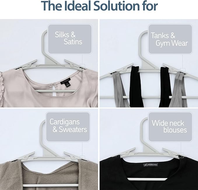 No Hassle-Hangers Best Clothes Hanger Ultra Soft Rubberized Grip Clip Keeps Garments in Place and Off the Floor. Perfect for Wide Neck Silks & Satin Tops, delicates, Athletic wear. (6, Bright Grey)