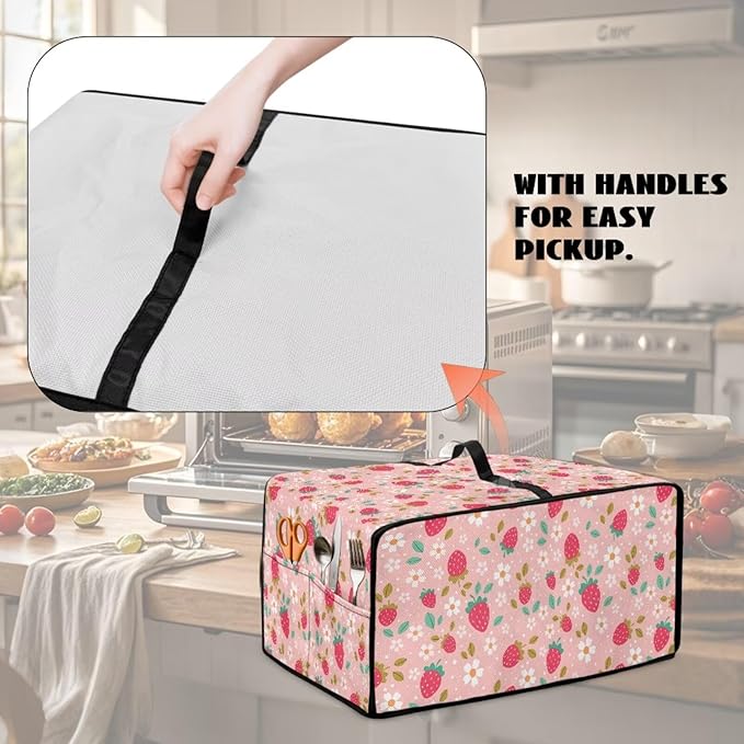 Pink Strawberry Cherry Blossom Print Microwave Oven Dust Cover Toaster Oven Cover Foldable Polyester-Linen Fabric Small Appliance Dust Covers Suitable for Most Microwave Ovens, L