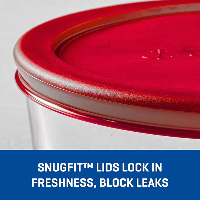 Anchor Hocking SnugFitTM Round Food Storage Containers with Lids (4-Piece, 4-cup, Red, oven-safe)