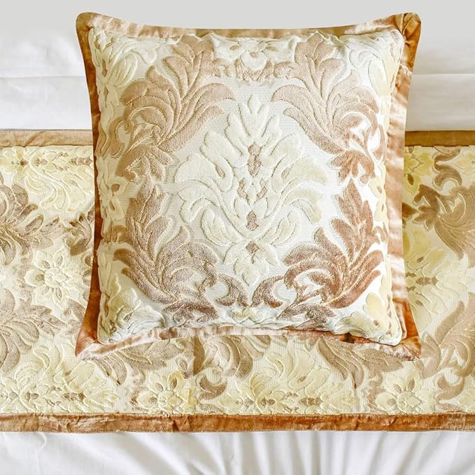 The HomeCentric King/Queen/Twin Beige Decorative CA King 86"x18" Bed Runner Without Pillow Cover, Damask Bed Scarf on Velvet Fabric - Emmeline