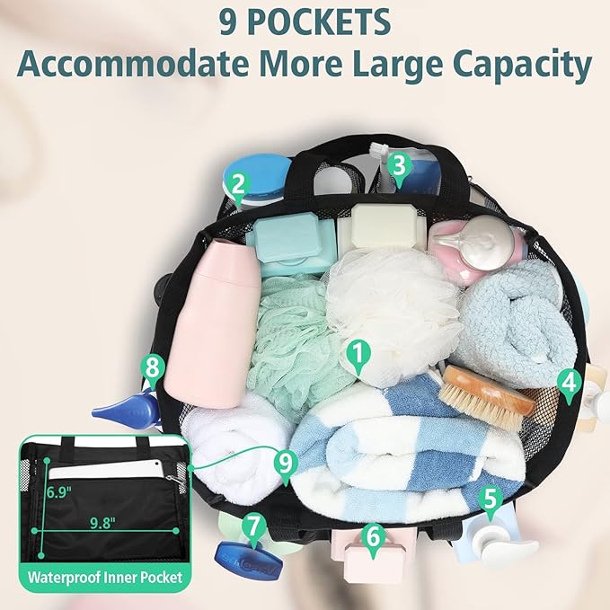 F-color Mesh Shower Caddy Portable, X Large 7 Deeper Pockets Shower Bag Basket Tote for College Dorm Room Bathroom Essentials Gym Camp Quick Dry 2 handles with S Hook, 2 Pack Black